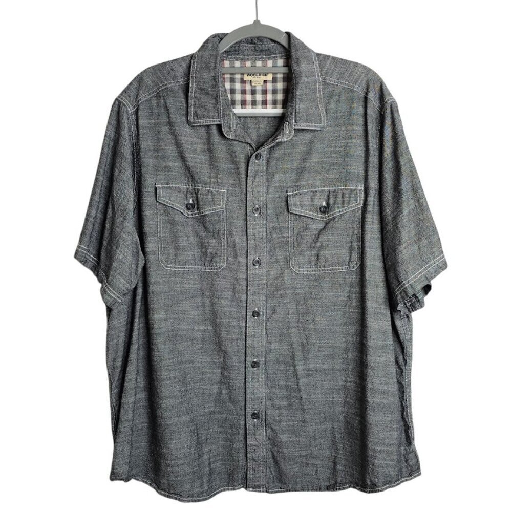 Men's WOOLRICH Button Up Down Shirt size XXL GRAY Cotton Chambray Short Sleeve
